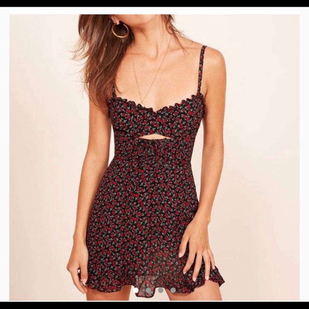 Reformation Frannie Dress in black + red rose.